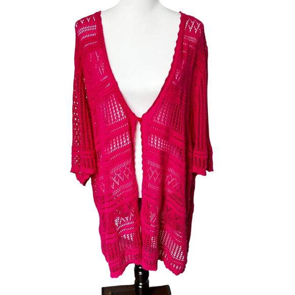 CATHERINES Womens 4X Pink Crochet Short Sleeve Cardigan Open Cover Up Sheer Boho - Picture 1 of 7